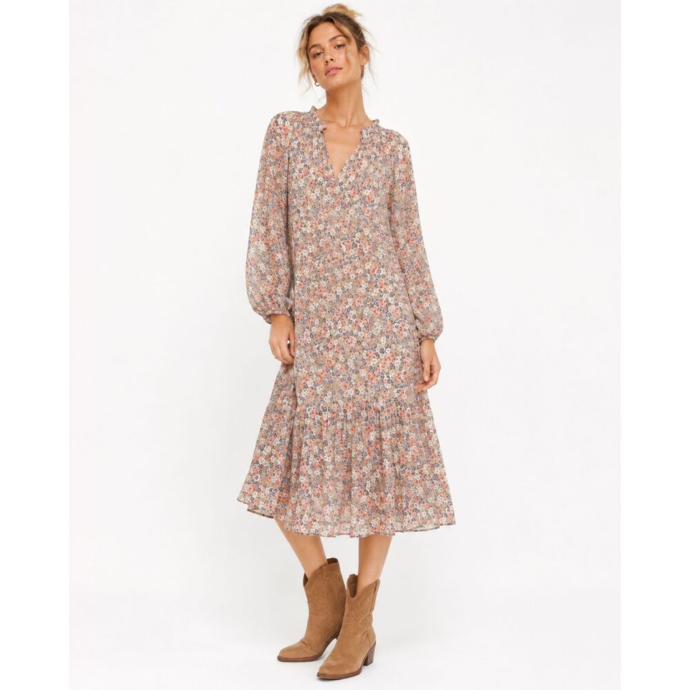 MINKPINK Arve Floral Midi Dress Boho Cottagecore Long Sleeve Button Front Size M